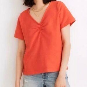Women's V-Neck Ruched Orange Top size xs 100% cotton runs big